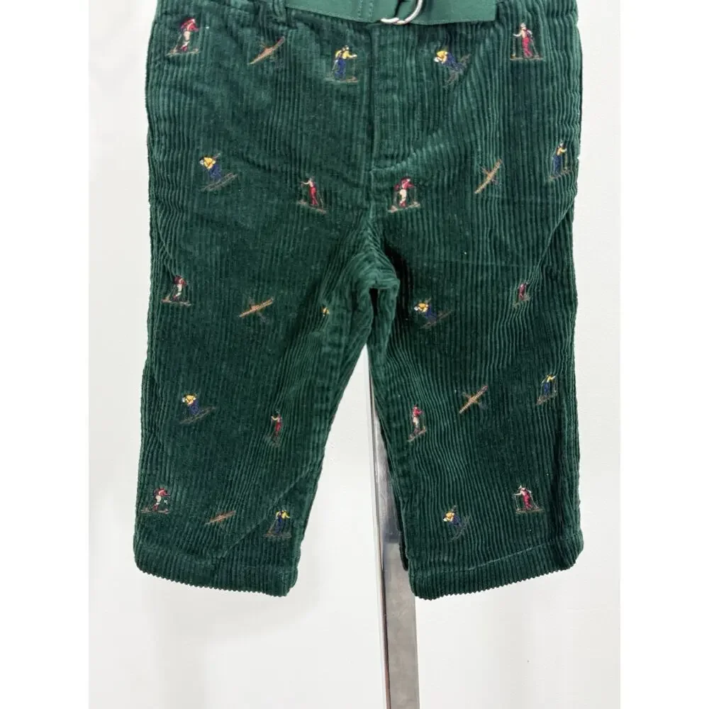 Ralph Lauren Baby 12M Green Corduroy Ski Skier Embroidered Pants Belted Unisex